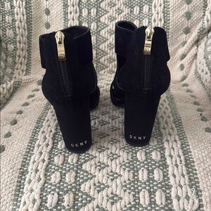 DKNY Black Suede Heeled Boots with Gold Accents
